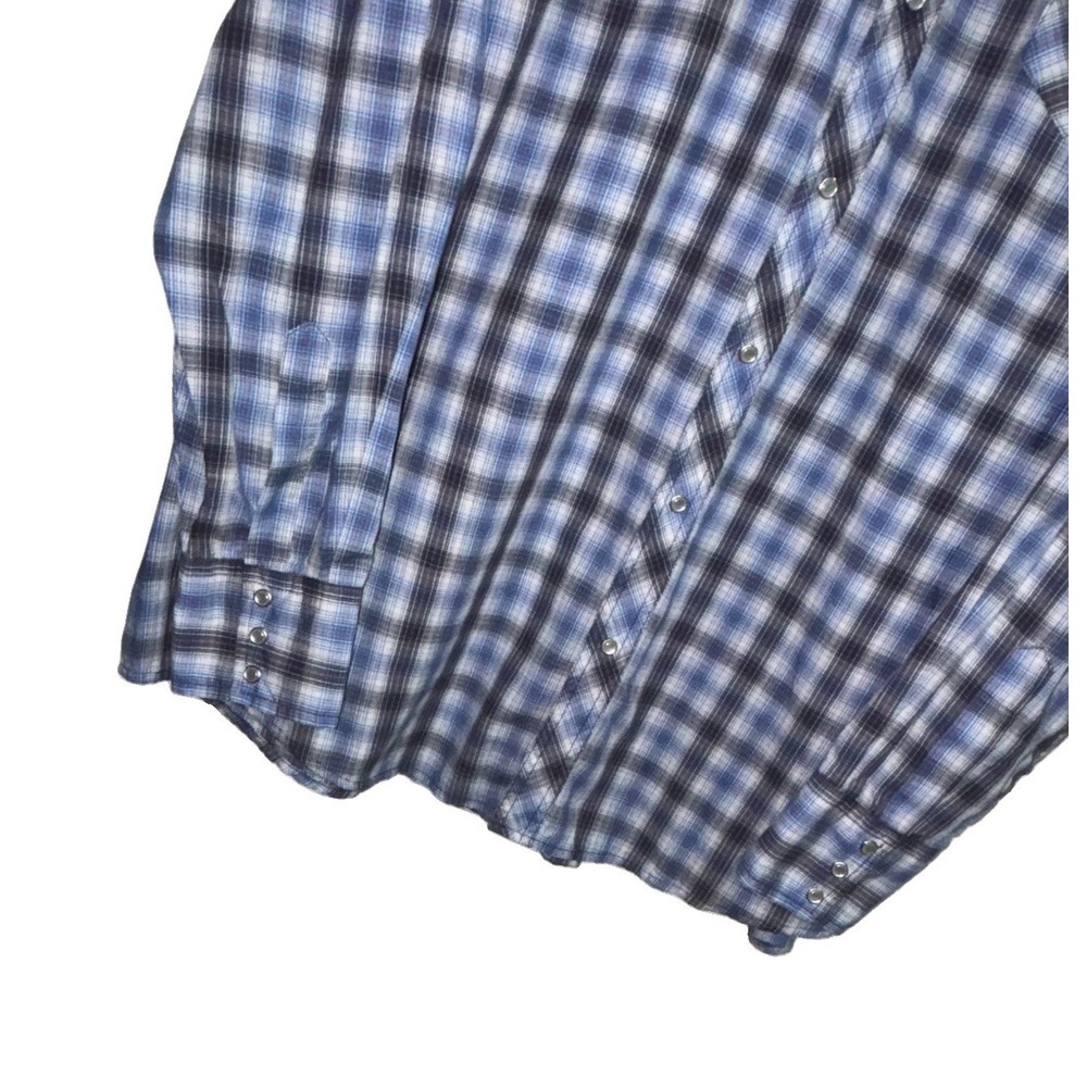 Wrangler Wrancher Mens 2XLT Tall Pearl Snap Western Shirt Plaid Blue Black L/S - Picture 5 of 9